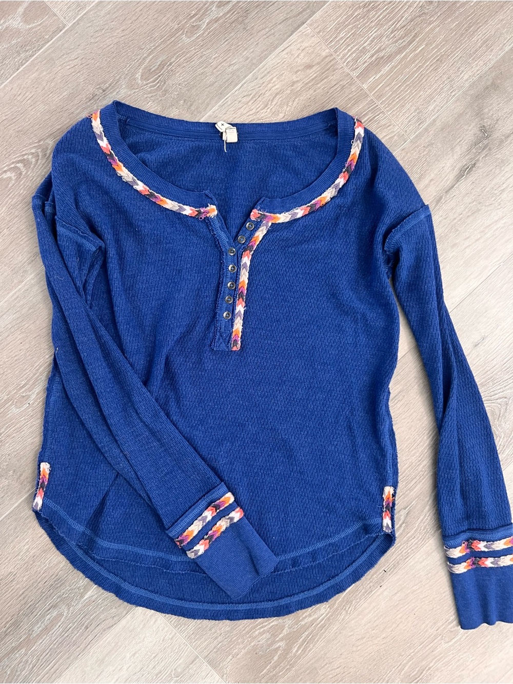 Women’s Long Sleeve Blue Henley Top with Multicolor Trim